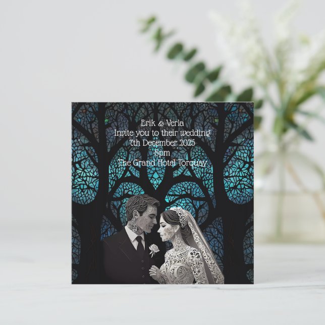 Carte Couple mariage en papier sur arbre bleu de vie (Debout devant)