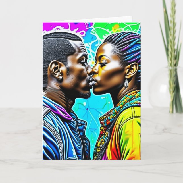 Carte Couple noir s'embrassant pour l'anniversaire de le (Devant)