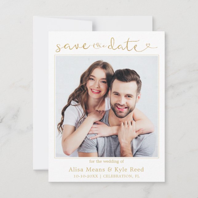 Carte Couple Photo Gold Enregistrer la date de l'annonce (Devant)
