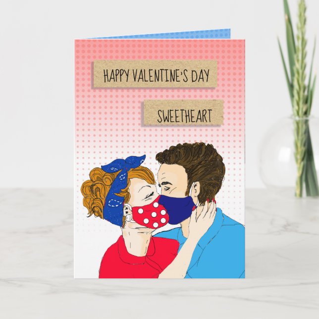 Carte Couple rétro baiser avec facemask Valentines Day (Devant)