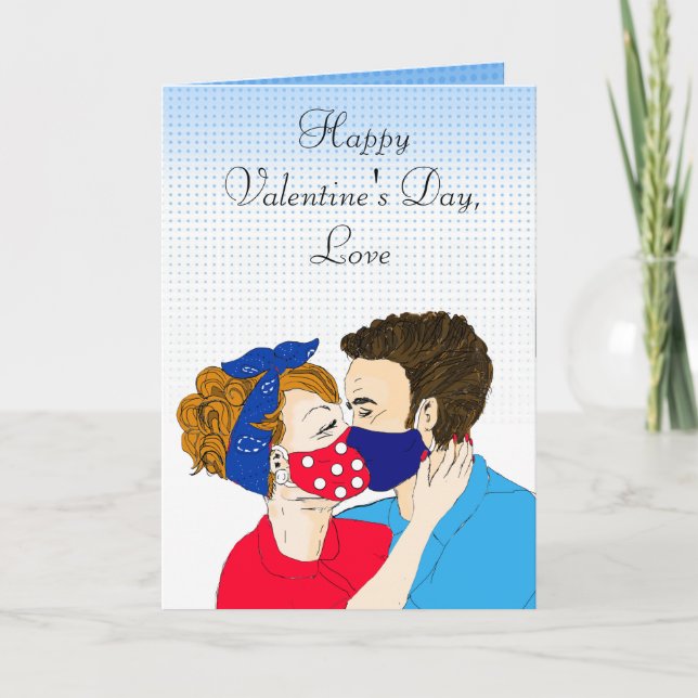 Carte Couple rétro baiser avec facemask Valentines Day (Devant)