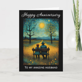Carte Couple vintage Assis Sous La Lune Anniversaire