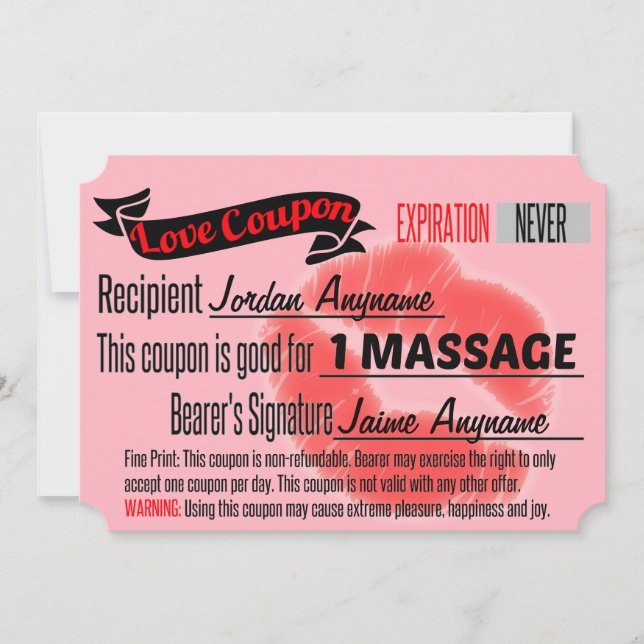 Carte Coupon d'amour MASSAGE avec lèvres (Devant)