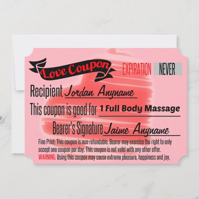 Carte Coupon d'amour PERSONNALISÉ pour massage complet d (Devant)