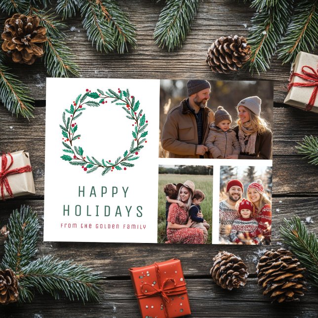 Carte Courbe de Noël PERSONNALISÉE 3 PHOTOS Grille Vacan (Christmas Wreath CUSTOM PHOTOS Holiday Card
)