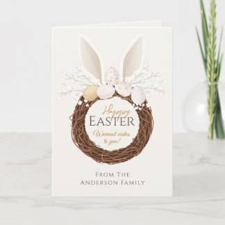 Carte Couronne de Pâques Boho Happy Lapin Nid Ivoire Or