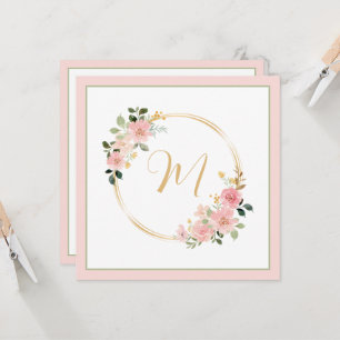 Carte Couronne florale monogramme aquarelle rose et vert