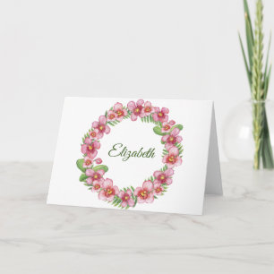 Carte Couronne florale rose et verte Note personnalisée