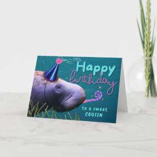 Carte Cousin Anniversaire mignonne Manate à la fête
