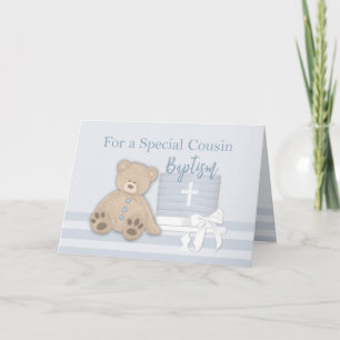 Carte Cousin Baptême Bleu Cake Teddy Ours