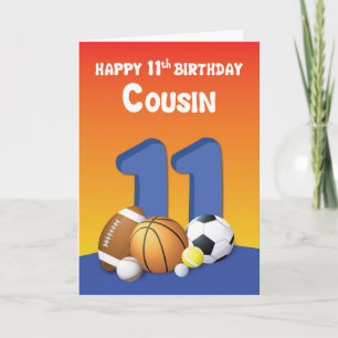 Carte Cousin Boy 11ème anniversaire Balles de sport