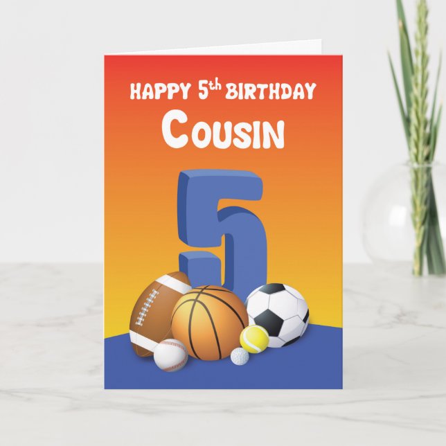 Carte Cousin Boy 5ème Anniversaire Ballons de Sport (Devant)