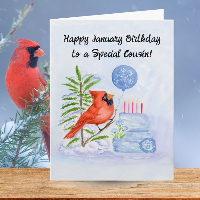 Carte Cousin Happy January Birthday Cardinal with Cake (Créateur téléchargé)