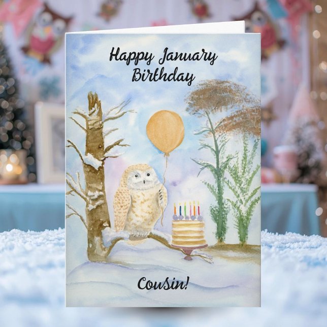 Carte Cousin Happy January Birthday Owl Cake (Créateur téléchargé)