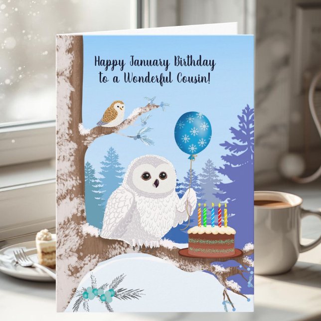Carte Cousin Happy January Birthday Snowy Owl (Créateur téléchargé)