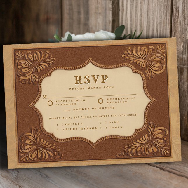 Carte Cowboy Country Tooled Leather Meal Wedding RSVP (country rustic cowboy wedding rsvp meal choice faux tooled leather terracotta cream western frame)