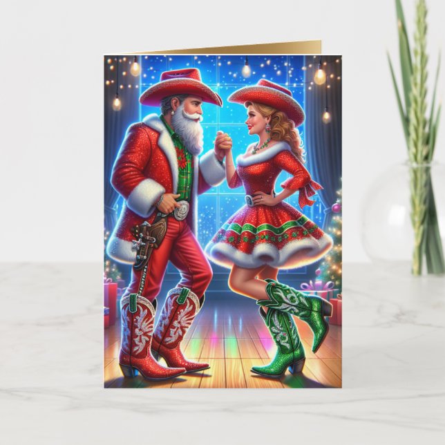 Carte Cowboy Cowgirl Père Noël Country Dancers Noël (Devant)