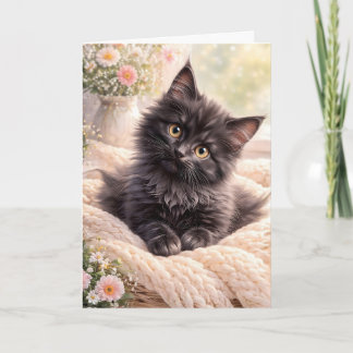 Carte Cozy Black Kitten on Knit Blanket with Flowers 