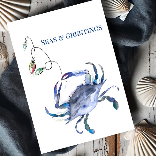 Carte Crabe Bleu de Côte Aquarelle Noël de Plage (Beach Christmas cards watercolor blue crab and holiday lights by Victoria Grigaliunas DoTellABelle)