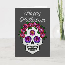 Carte Crâne arc-en-ciel joyeux Halloween avec des roses