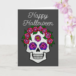 Carte Crâne arc-en-ciel Joyeux Halloween avec des roses