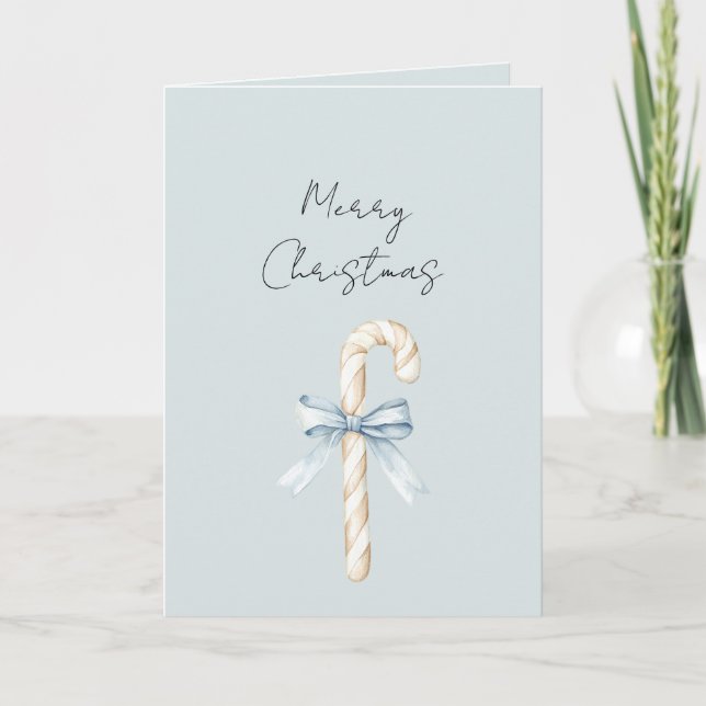 Carte Cream Candy Canes Blue Bow Christmas (Devant)