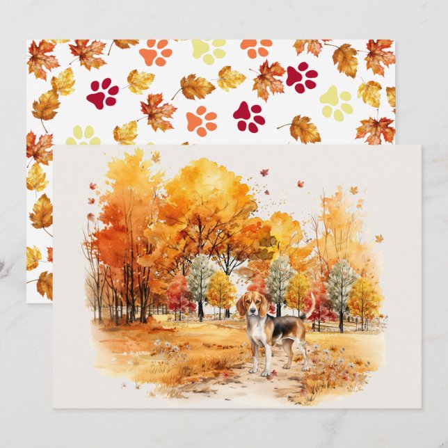 Carte Création de chien d'automne à l'aquarelle - Beagle (Devant / Derrière)