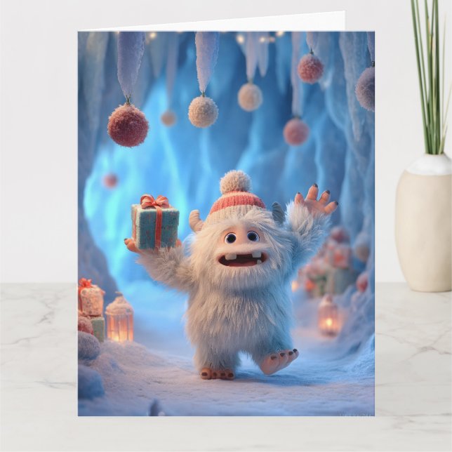 Carte Créature Adorable et Fluffy de Yéti qui Célèbre (Devant)
