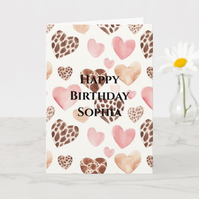 Carte Crème Brown rose Leopard Coeurs animaux Anniversai (Petite plante)