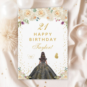 Carte Crème Floral Fille de peau foncée Joyeux anniversa