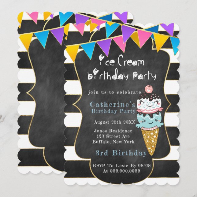 Carte Crème glacée Noir Chalkboard Or fête d'anniversair (Devant / Derrière)