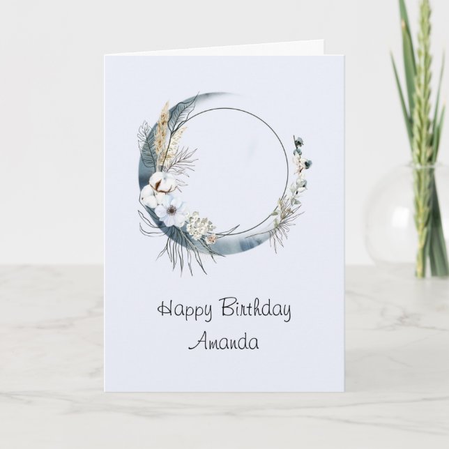 Carte Crescent Bleu Lune aux fleurs blanches Anniversair (Devant)