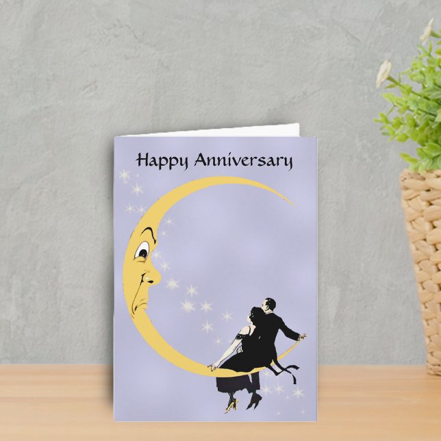 Carte Crescent Moon Face Stars Couple Anniversaire (Couple sitting on angry crescent moon on blue Happy Anniversary Greeting card.)
