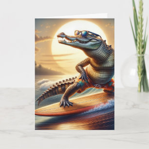 Carte Crocodile d'anniversaire sur une planche de surf