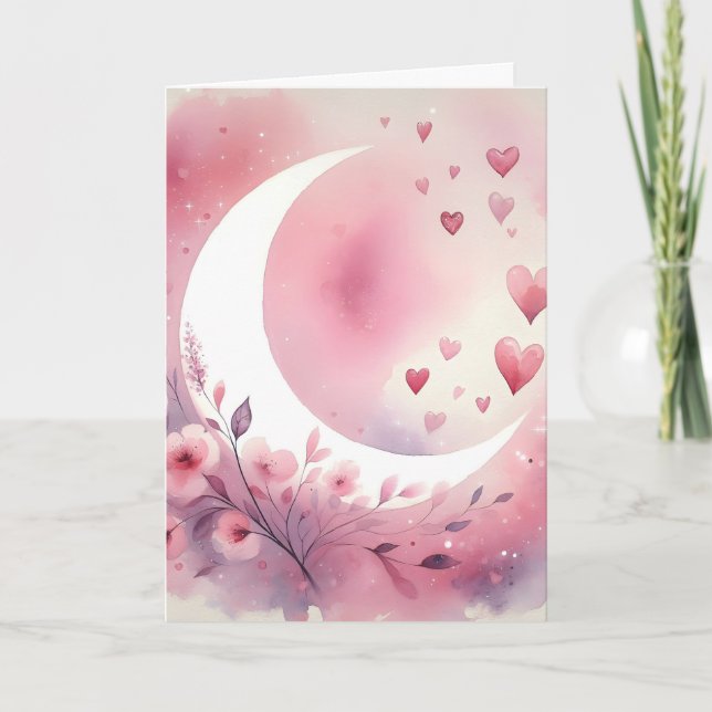 Carte Croissant de lune à l'aquarelle, cœurs, fleurs de  (Devant)