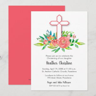 Carte Croix de corail & Fleurs Christening, Baptême Invi