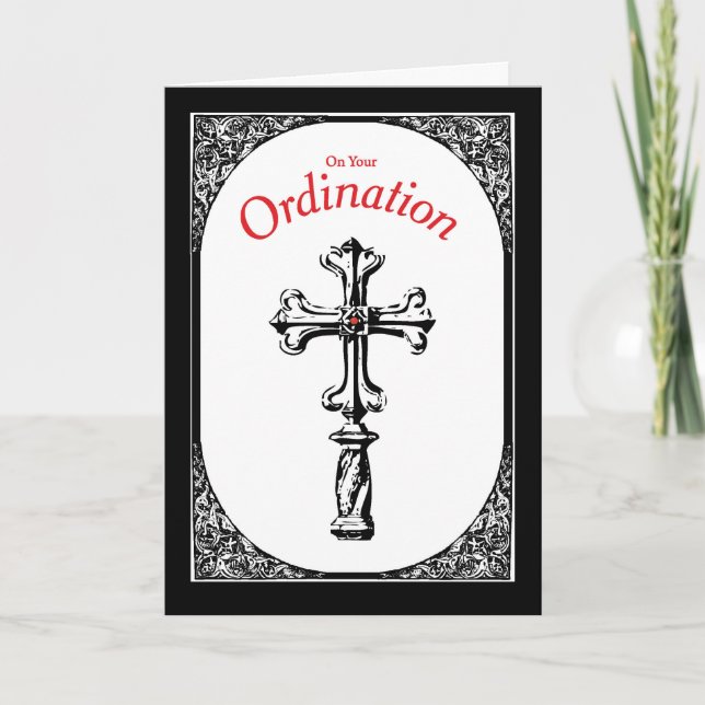 Carte Croix de félicitations d'ordination sur noir (Devant)