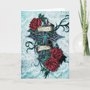 Carte Croix de foi en amour et roses en style tatouage.