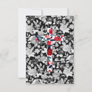 Carte Croix des Roses rouges & motif floral noir et blan