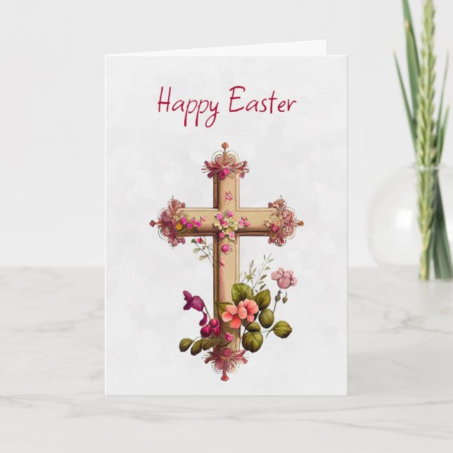 Carte Croix en bois élégante avec fleurs roses Pâques (Devant)