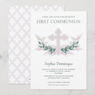 Carte Croix rose et couronne première communion Invitati