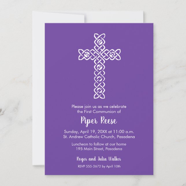 Carte Croix sur le Baptême Royal violet, Christening Inv (Devant)