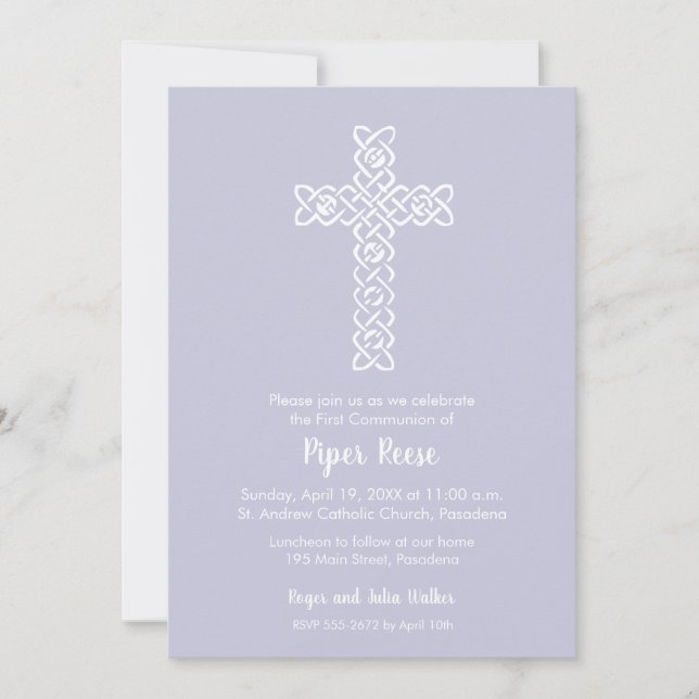 Carte Croix sur Pale Lavender Christening Baptism Invita (Devant)