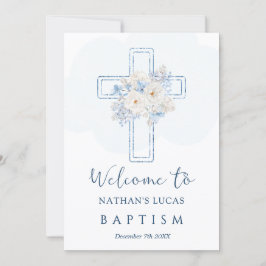 Carte Cross Blue Floral Welcome to Baptism Announcement