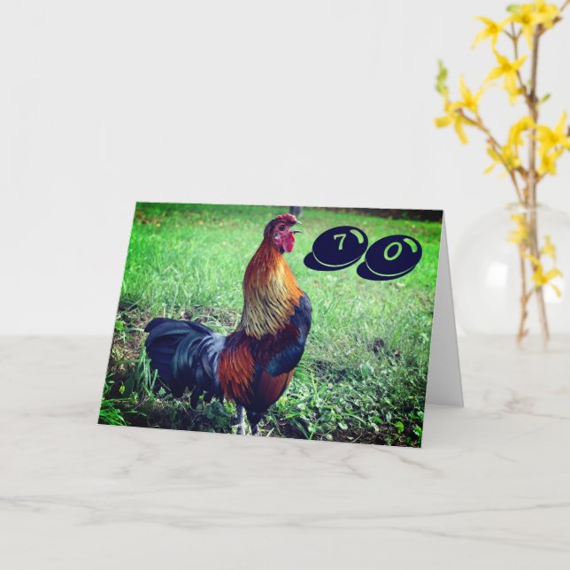 Carte Crowing Rooster Funny 70e anniversaire (Fleur jaune)
