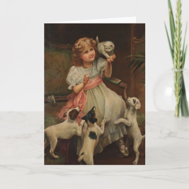 Carte Cru - petite fille et ses animaux familiers, (Devant)
