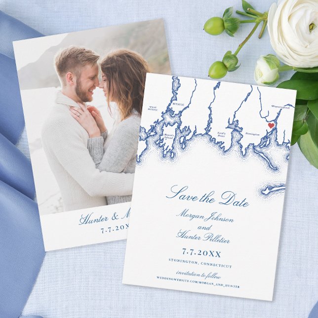 Carte CT de Stonington Élégant Mariage bleu marine (Stonington CT Map Wedding Save the Dates with Photo in elegant navy blue from Coastal Map Designs)