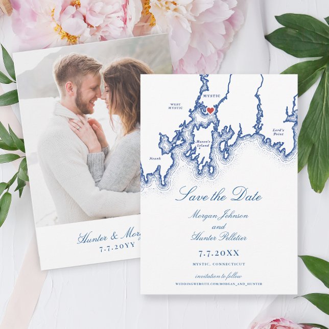 Carte CT mystique Élégant Mariage bleu marine (Mystic CT Map Save the Date ifor an elegant navy blue Connecticut wedding by Coastal Map Designs)