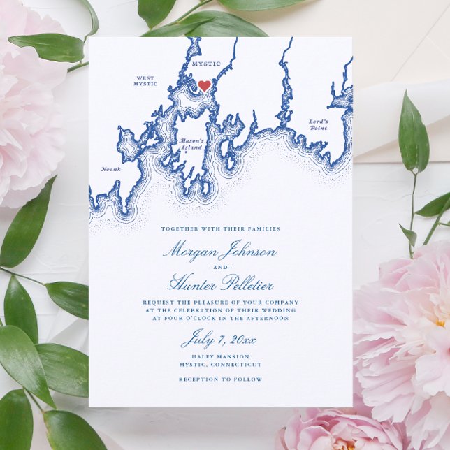 Carte CT mystique Élégant Mariage bleu marine (Mystic CT Map Wedding Invitation in elegant navy blue by Coastal Map Designs)