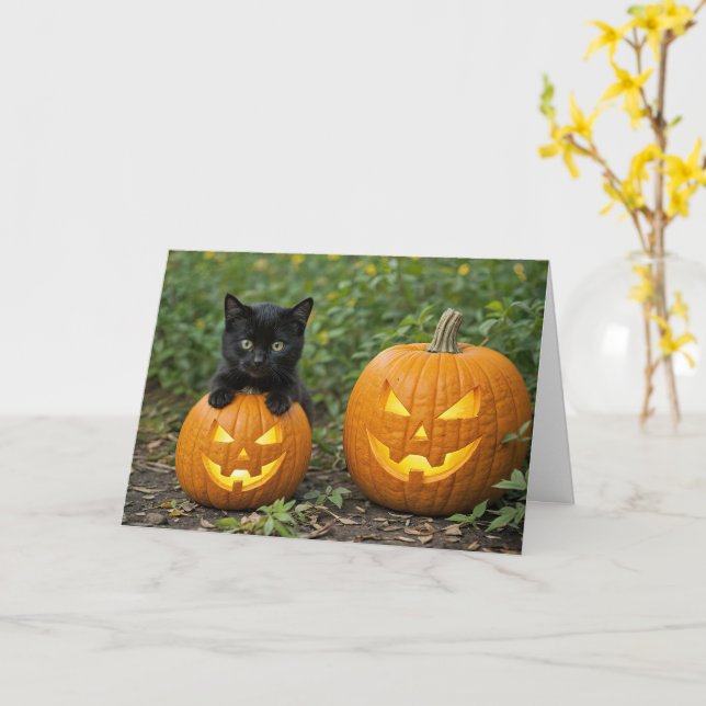 Carte Cuisine et amusante Chat noir Kitten Citrouille d' (Fleur jaune)